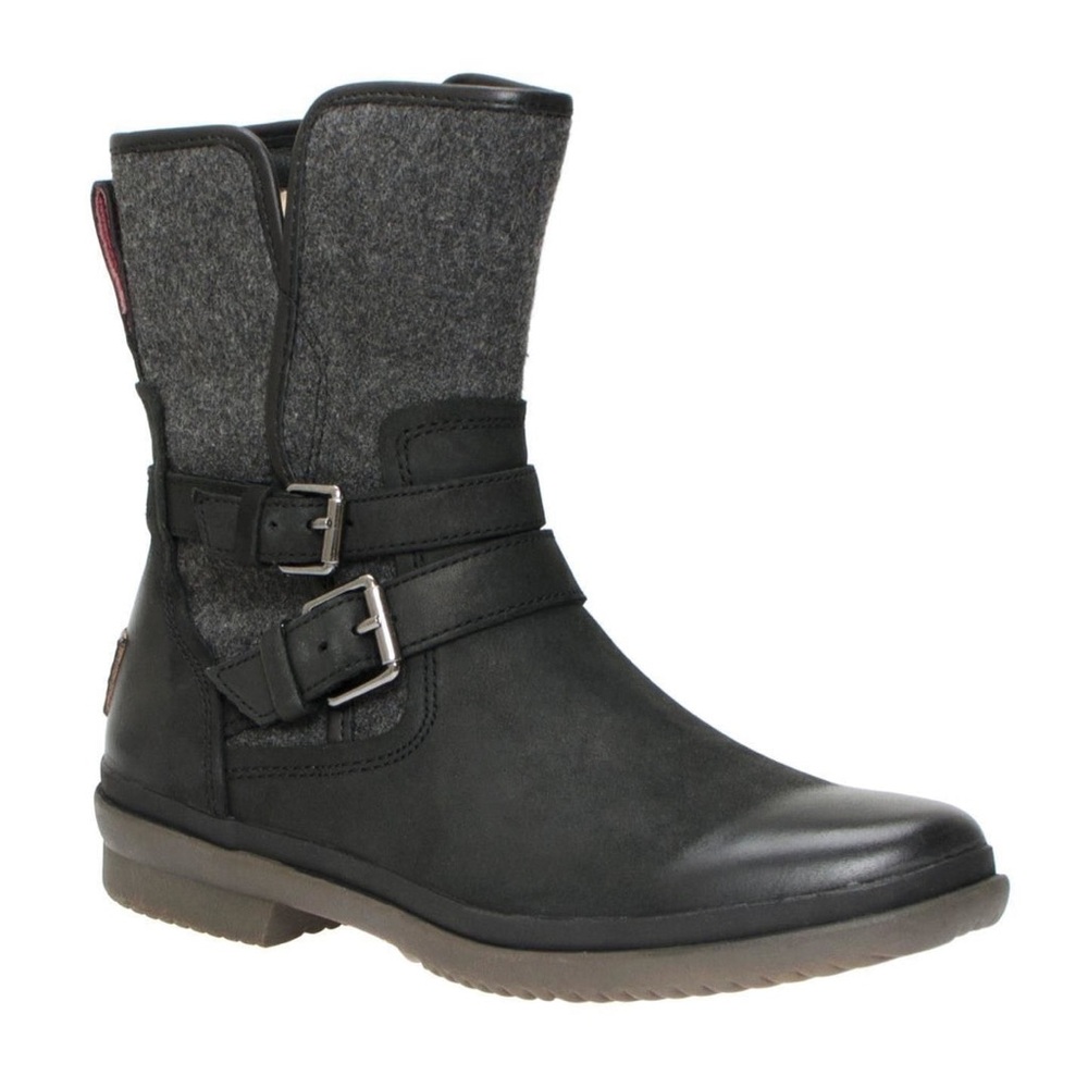 Women's Black and Gray Mid-Calf Buckle Boots